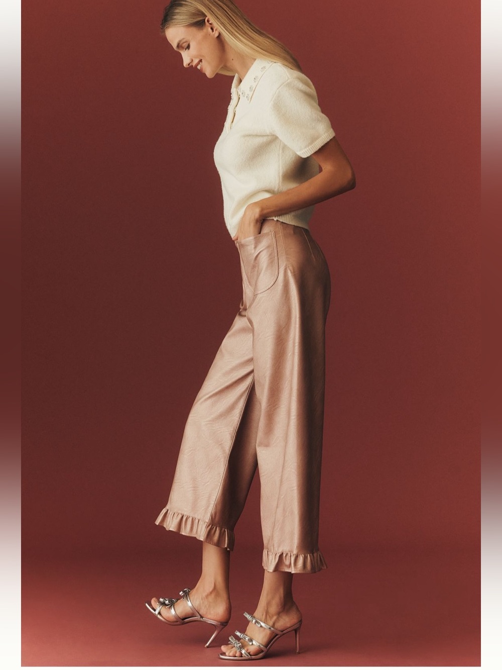 Maeve Blush Ruffle Hem Cropped Pants
